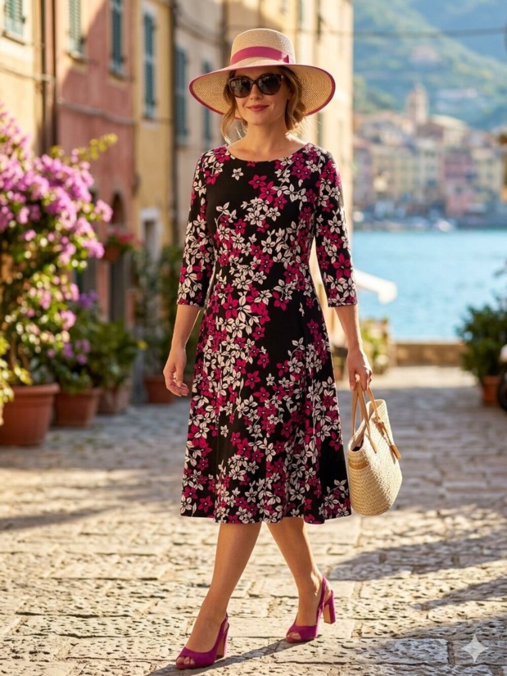 CHETTA B Floral Vibrant Pink & White Bloom Print 3/4 Sleeve Flare Dress Sz 18W